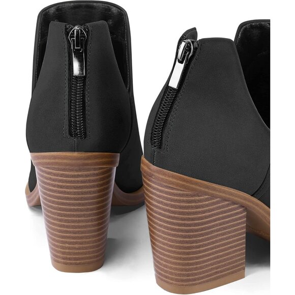 Mysoft Women's Black Nubuck Pu Chunky Mid Heel Slip on Toe Stacked Ankle Boots - Picture 3 of 7